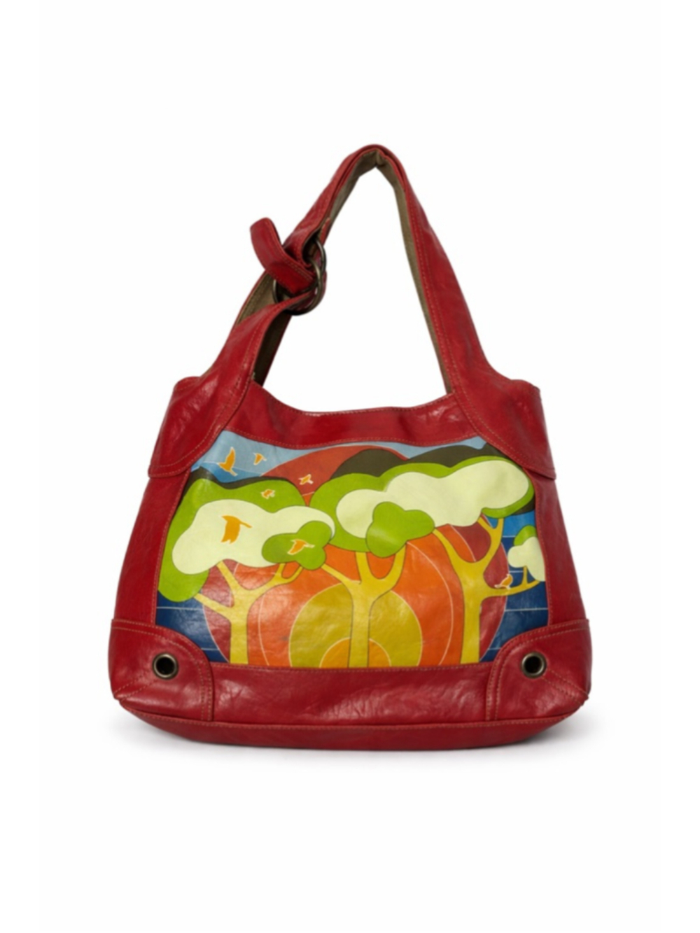 Stamp 10 Leather Hand Painted Bag Boho Artisan Trees Birds Folk Art Shoulder Pur